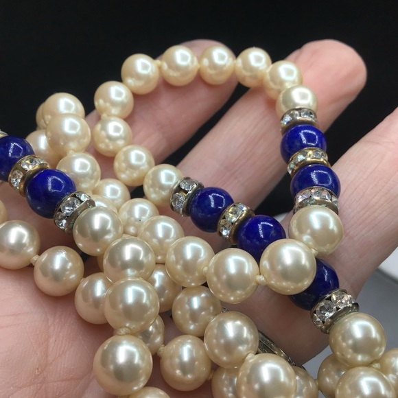 🌺Vintage Pearl & Lapis Necklace - Picture 3 of 15